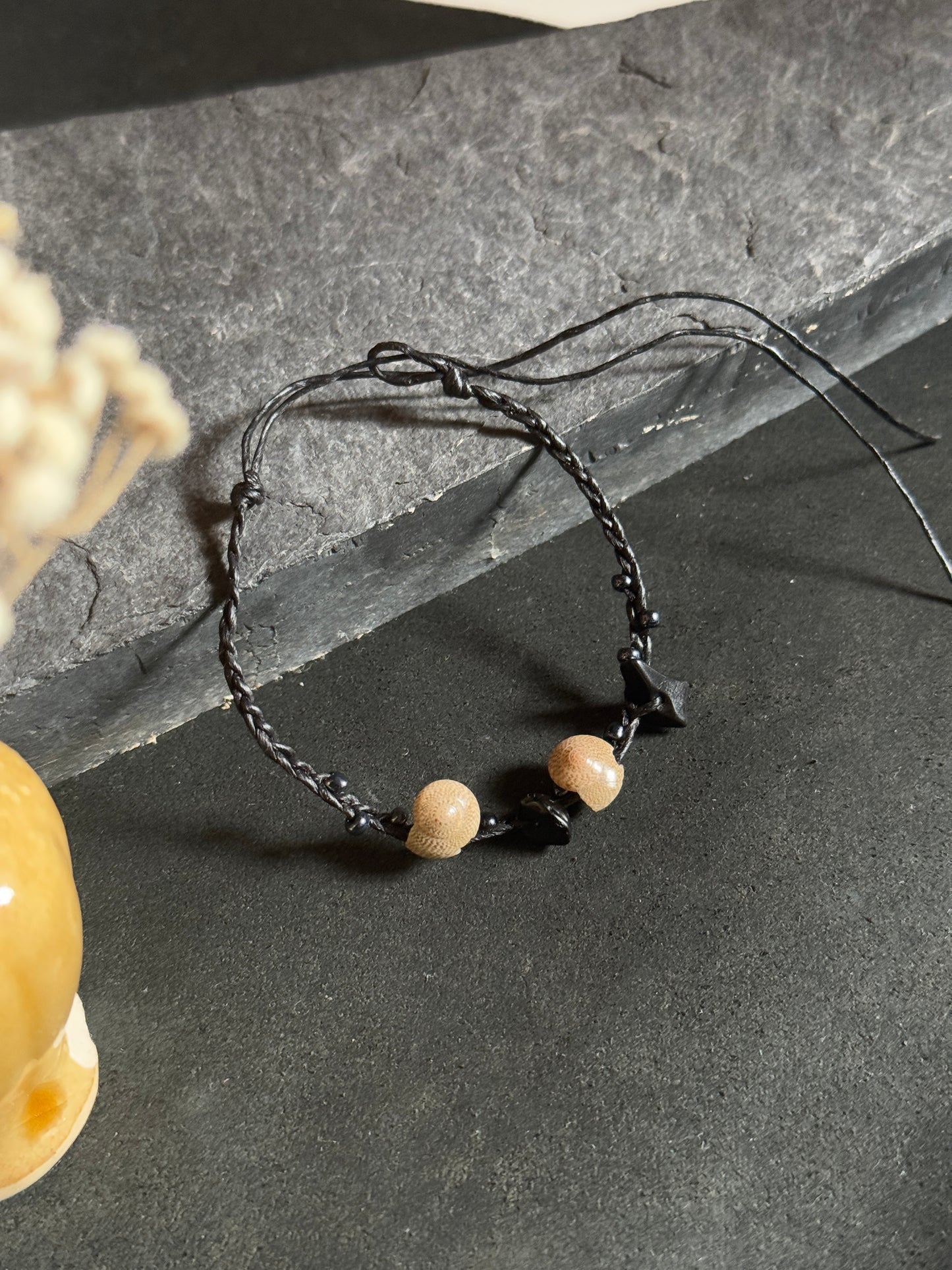 Black macramé shell anklet with black stone