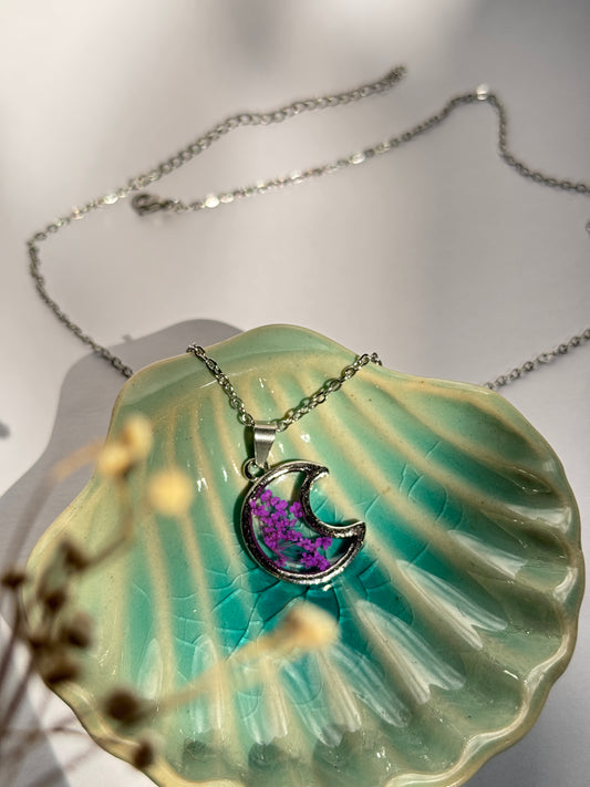 Purple queens anne's lace  moon stainless steel chain