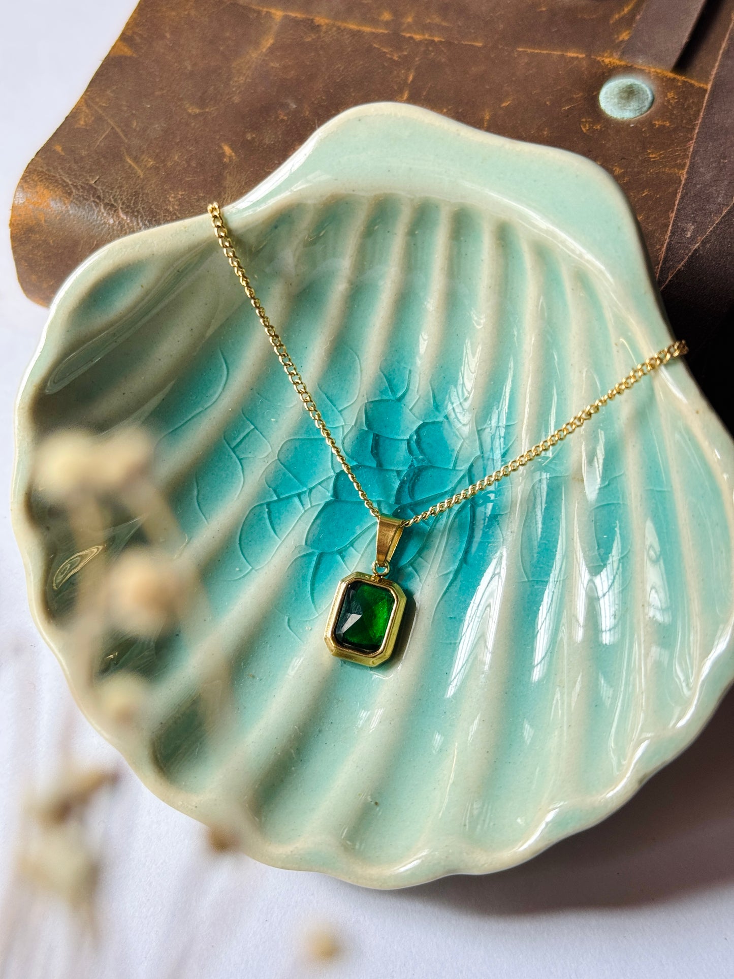 Emerald stone 18k gold plated stainless steel chain