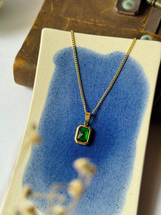 Emerald stone 18k gold plated stainless steel chain