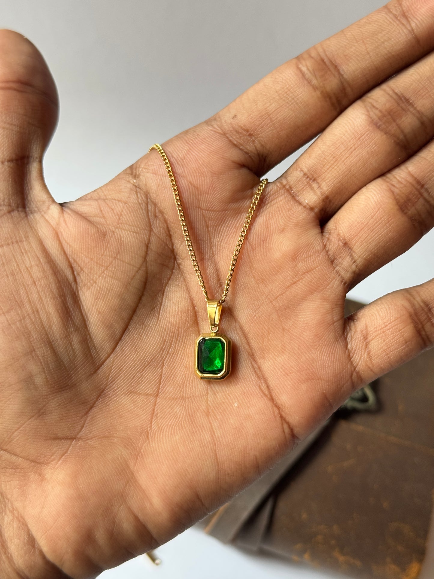 Emerald stone 18k gold plated stainless steel chain