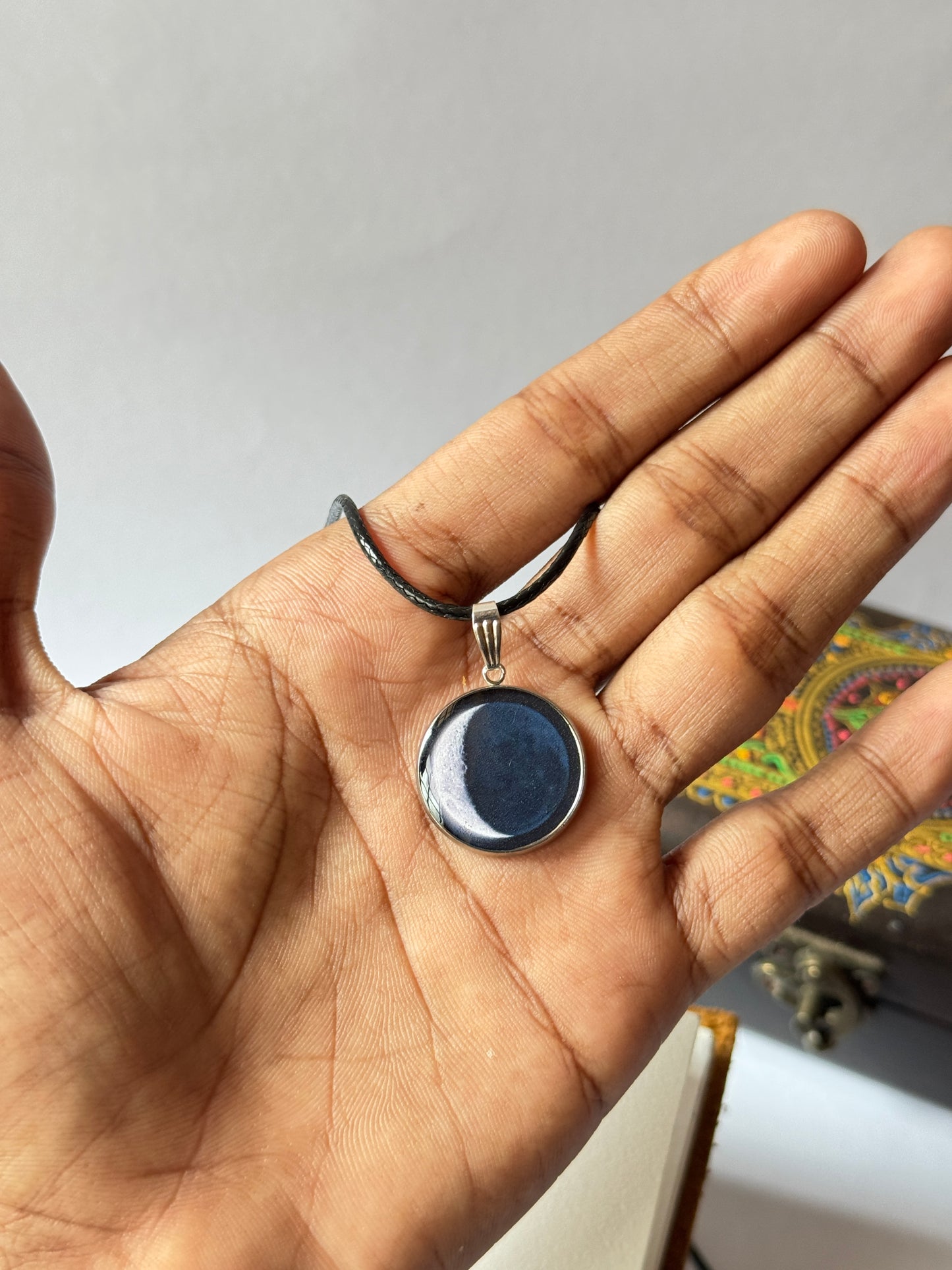 Crescent moon printed resin coated necklace