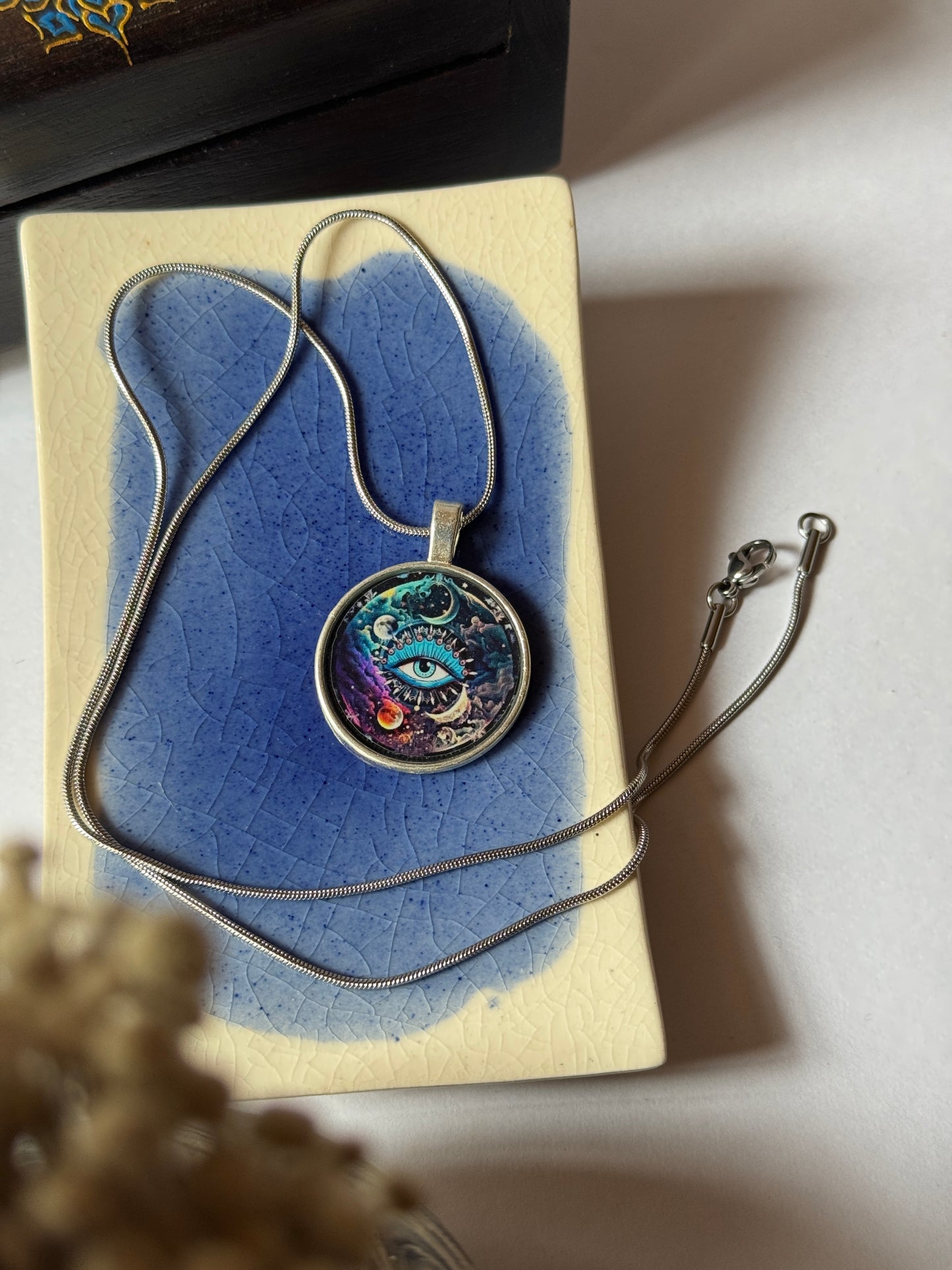 Cartoon eye resin necklace with 1.2 round stainless steel chain silver