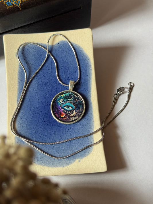 Cartoon eye resin necklace with 1.2 round stainless steel chain silver