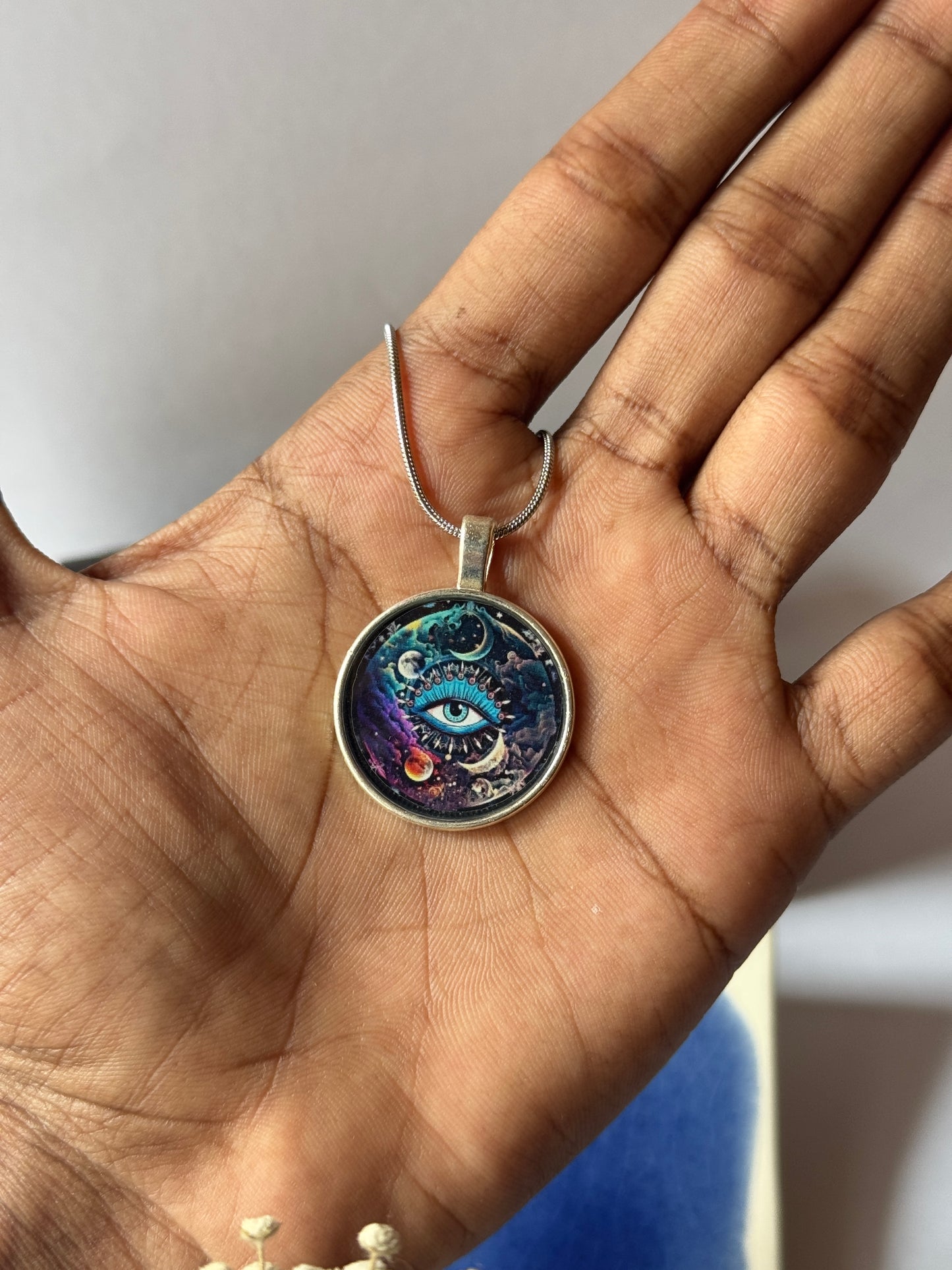 Cartoon eye resin necklace with 1.2 round stainless steel chain silver