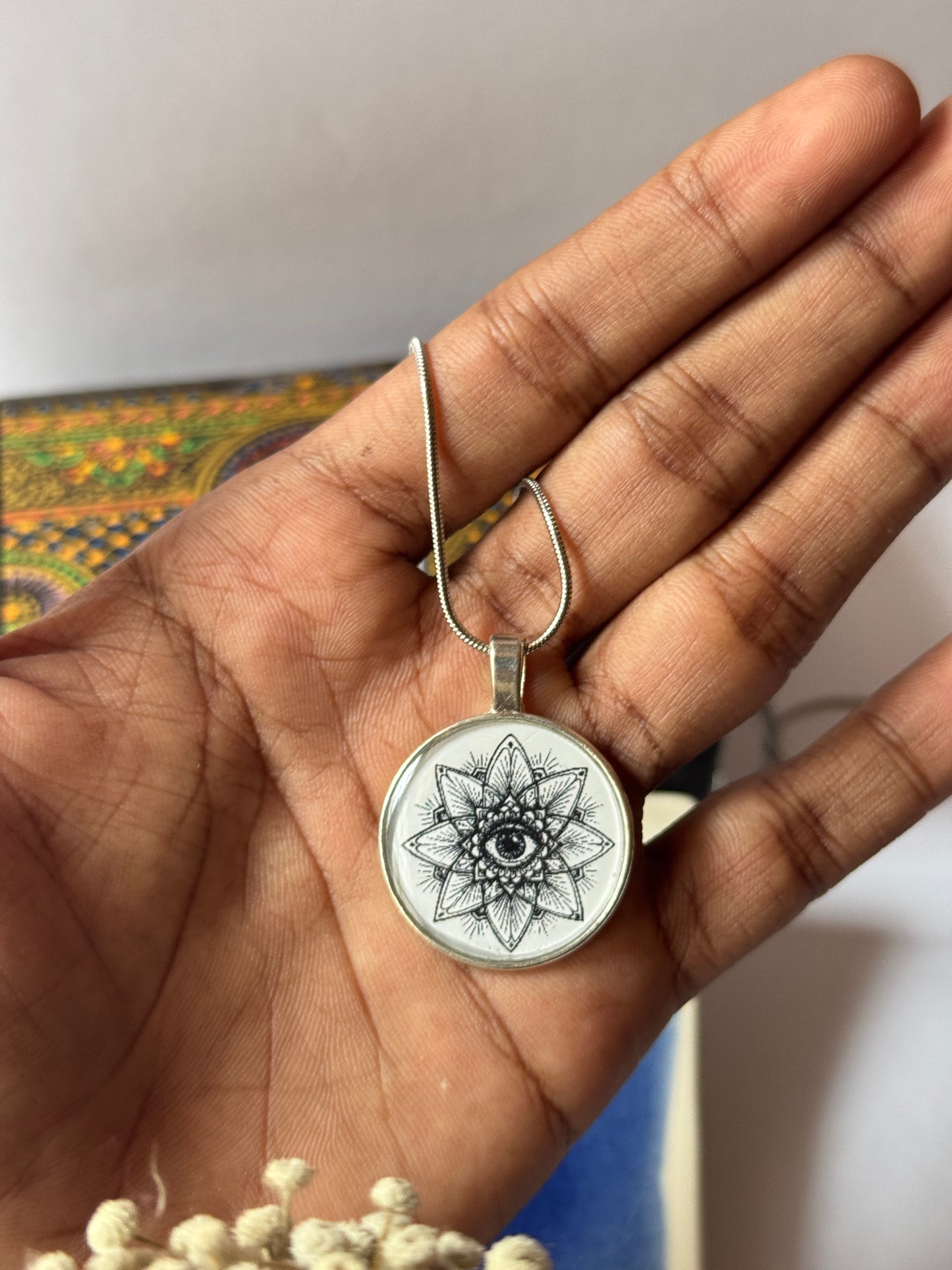 Eye mandala b/w resin necklace 1.2 mm stainless steel chain 55 cm
