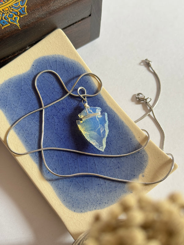 Opalite  stone arrow necklace in 1.5 ss round silver chain 55 cm