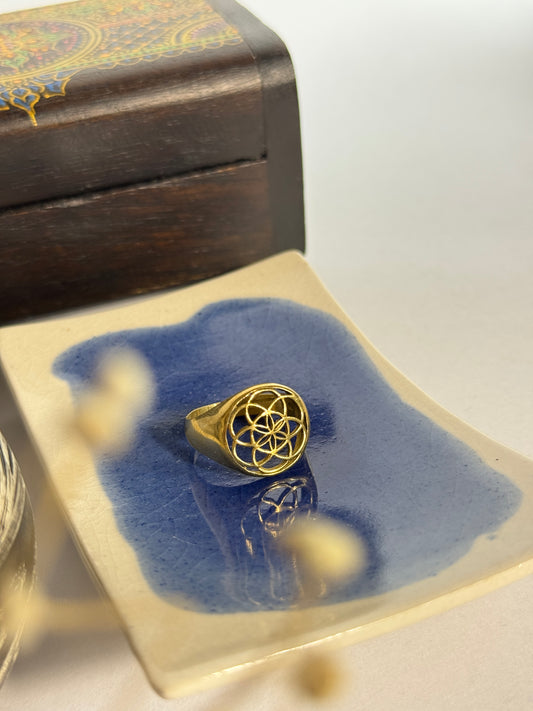 Seed of life brass adjustable ring