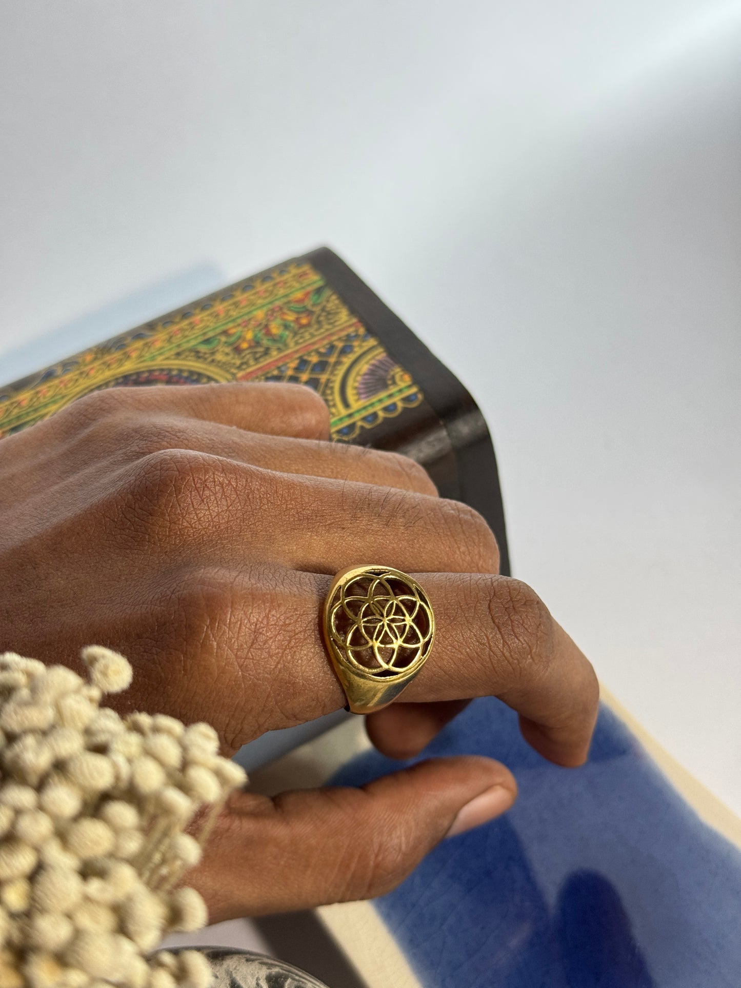 Seed of life brass adjustable ring