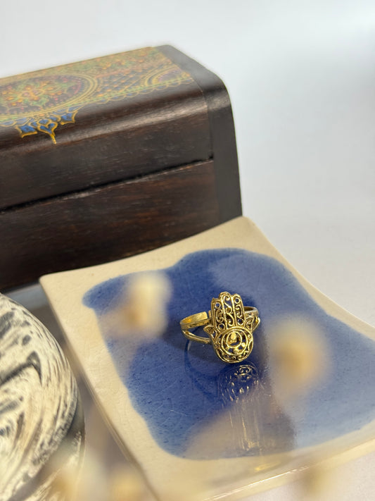 Hamsa hand brass adjustable ring