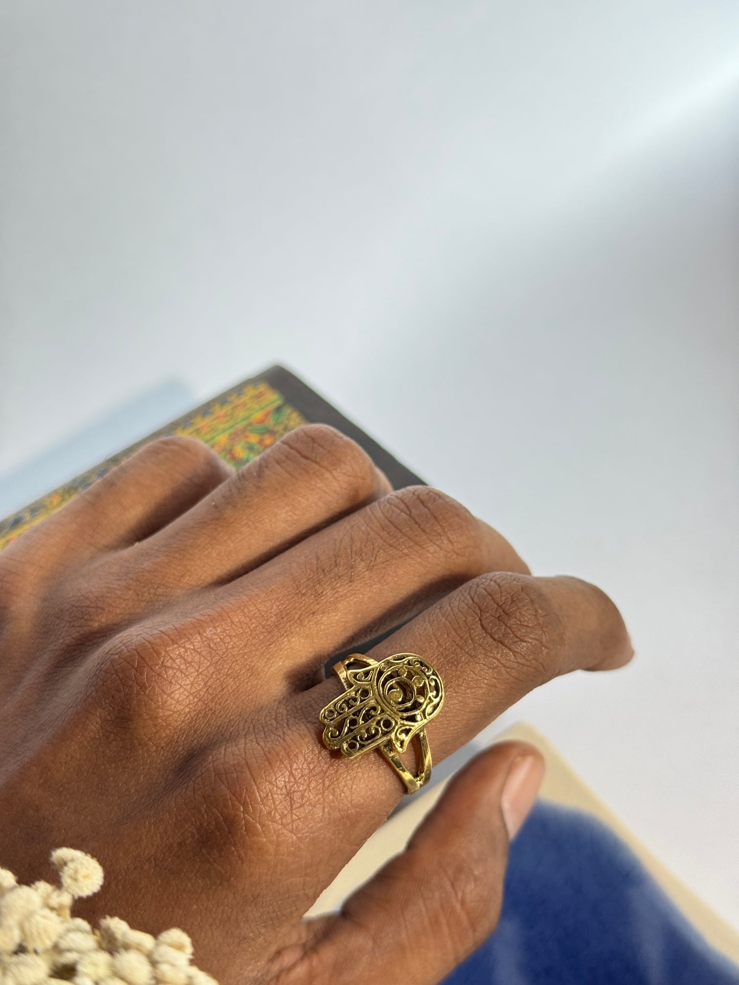 Hamsa hand brass adjustable ring