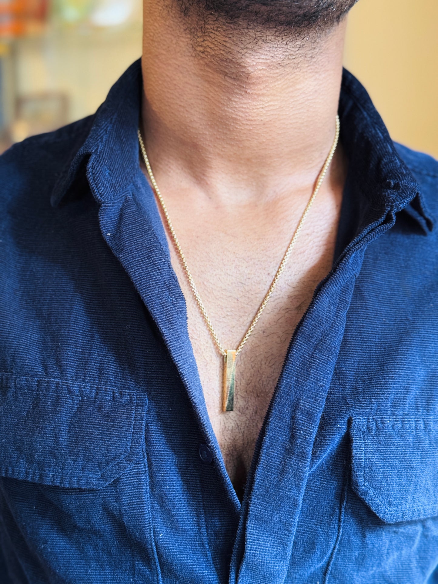 3D vertical bar cuboid Stainless steel golden necklace (18k gold-plated )