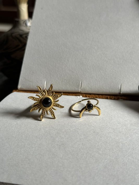 Sun moon brass adjustable rings combo