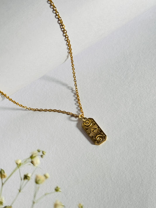 Sun moon rectangle 18k gold plated stainless steel necklace