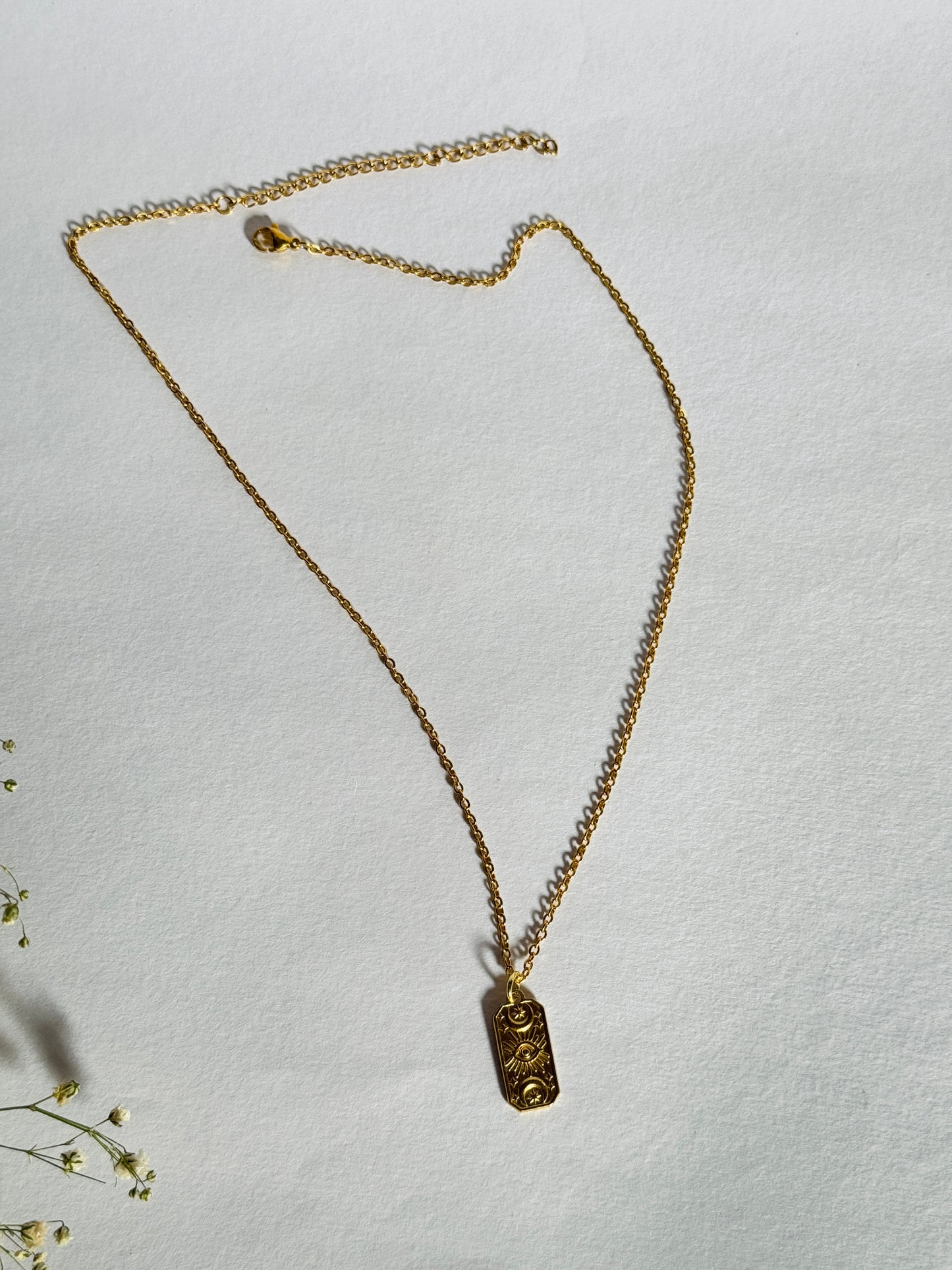 Sun moon rectangle 18k gold plated stainless steel necklace