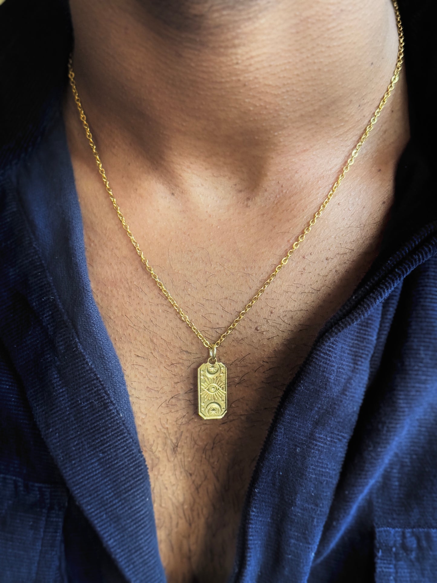 Sun moon rectangle 18k gold plated stainless steel necklace