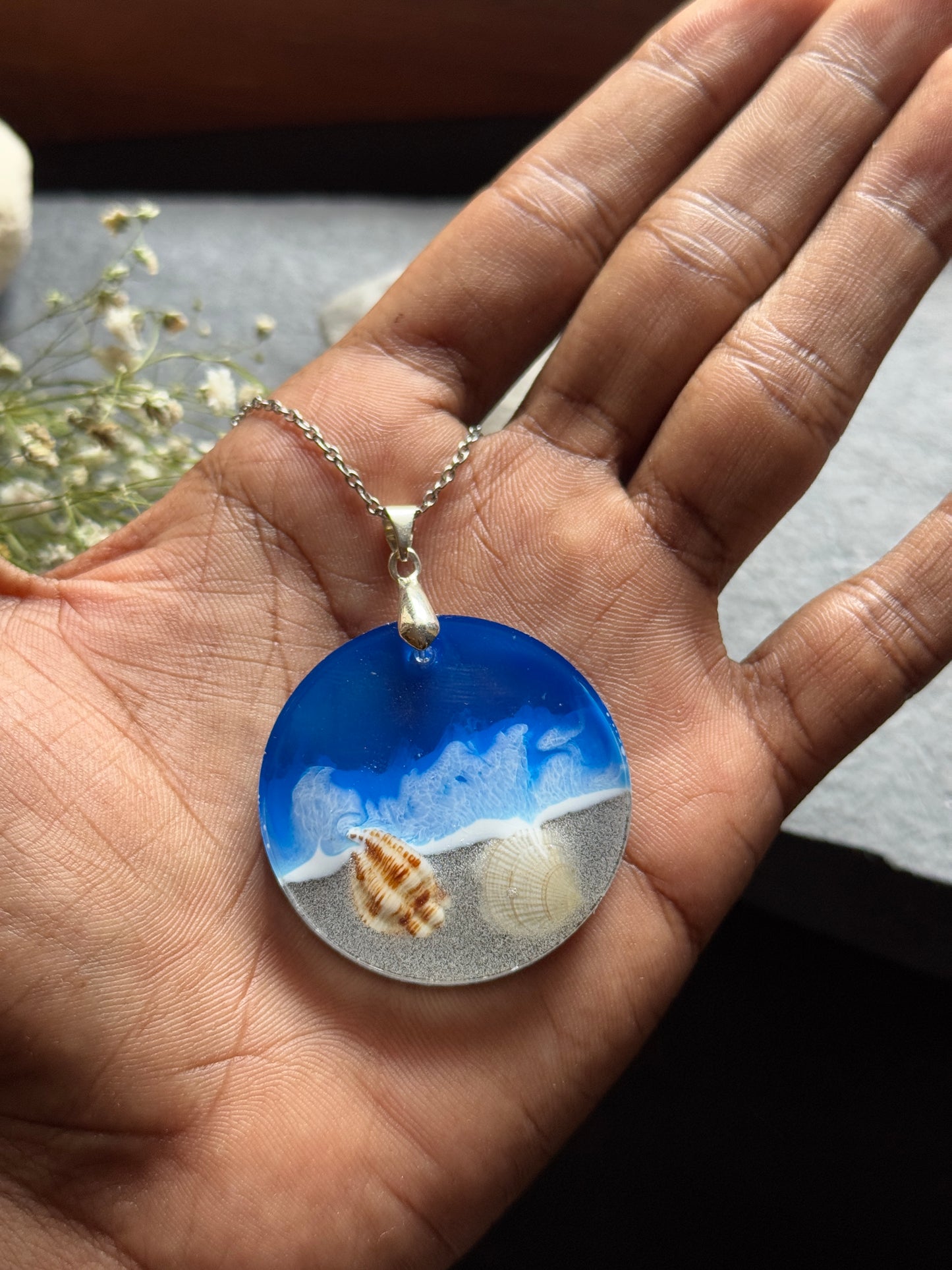 Ocean handmade resin necklace with 60 stainless steel chain