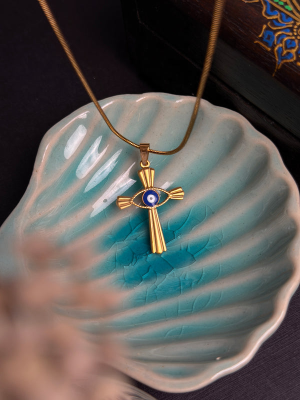 Cross Evil eye - Blue round stainless steel 18k gold plated chain