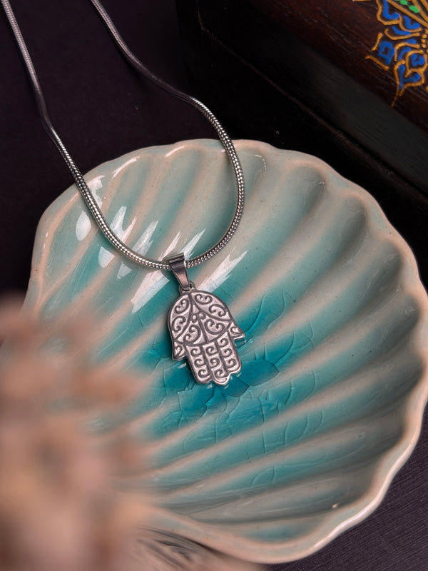 Filigree Hamsa hand Silver stainless steel chain