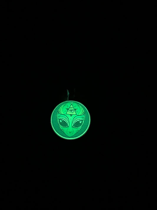 Glow in the dark green alien resin necklace