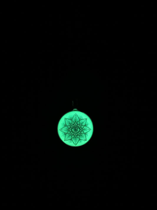Glow in the dark eye mandala b/w resin necklace