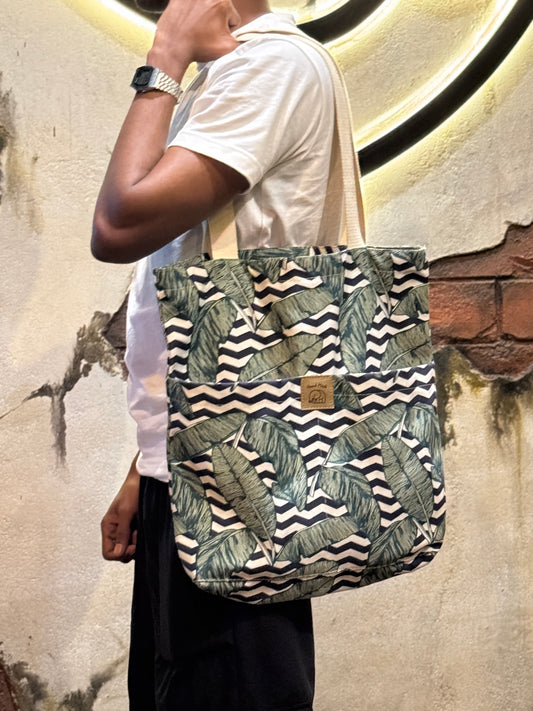 Dark green & white color floral tote bag (E)