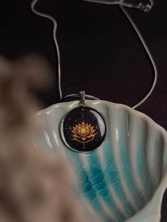 Midnight Lotus Resin Pendant in 2 mm stainless steel chain 55 cm