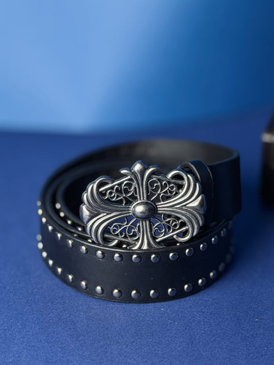 Halo Cross Studded Premium Leather Belt – Black