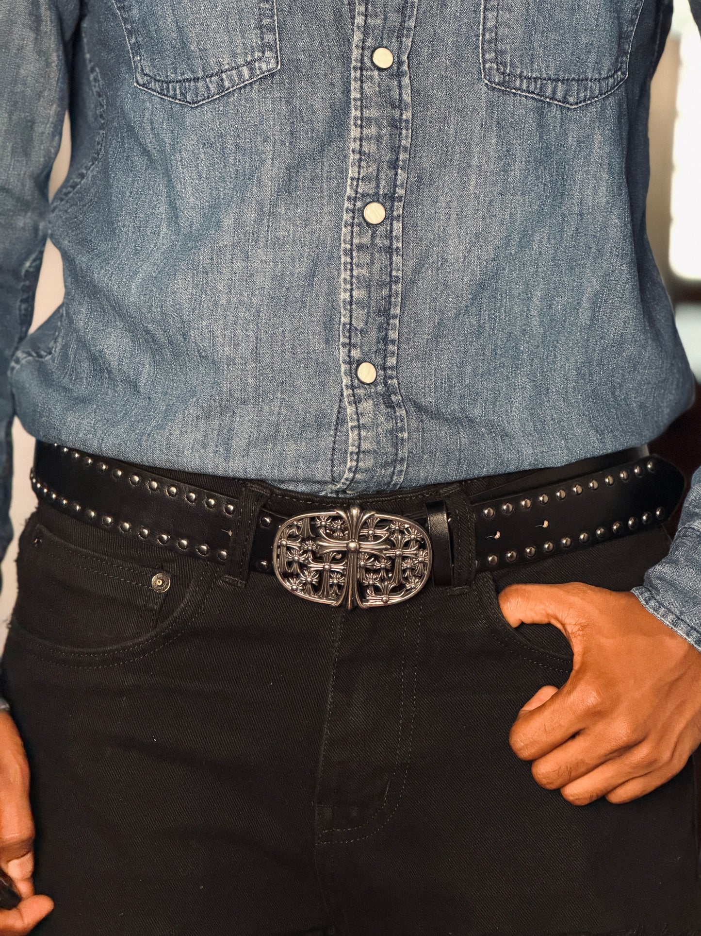 Chrome Cross Studded Premium Leather Belt – Black