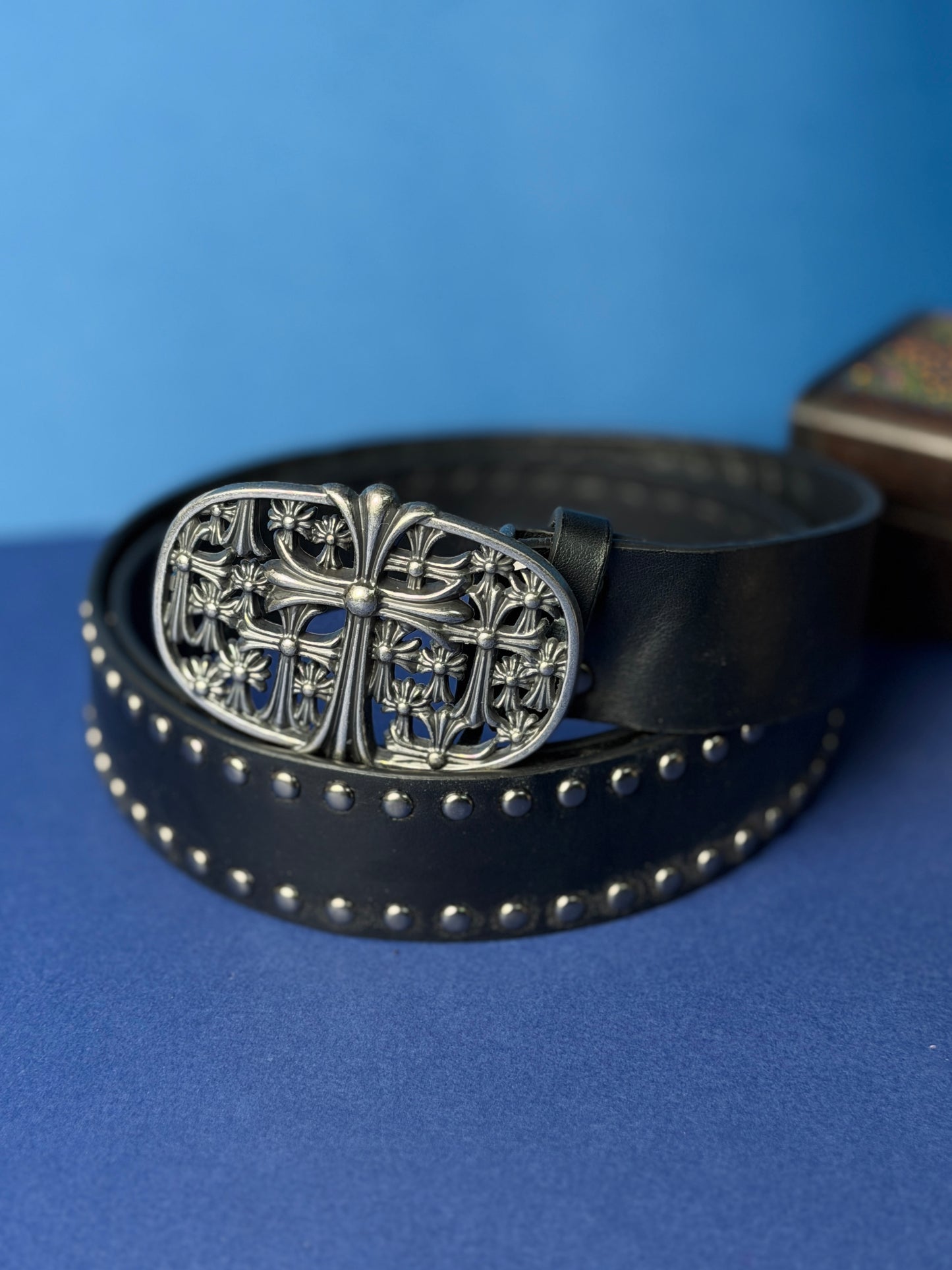 Chrome Cross Studded Premium Leather Belt – Black