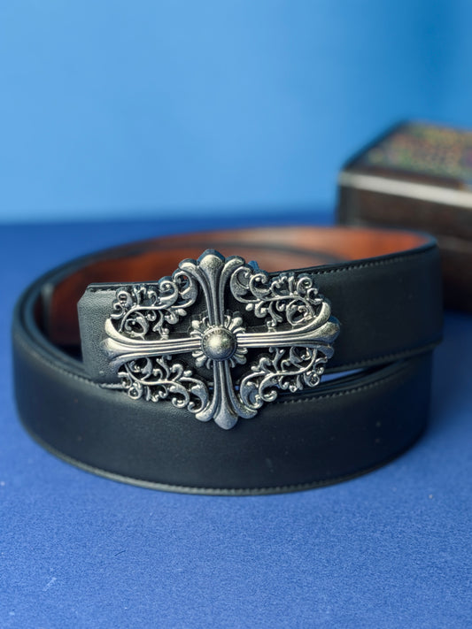 Phantom Cross Buckle Premium Leather Belt – Black